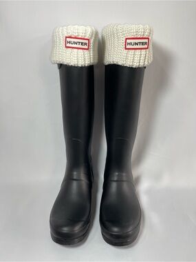 Hunter Tall Black Rain Boots with cream Knit Cuff fleece sock insert water proof